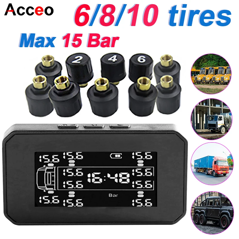 Large Truck Tire Pressure Monitor 6/8/10/12 External Sensor HD Color Screen Tire Safety Alarm for Large Trucks