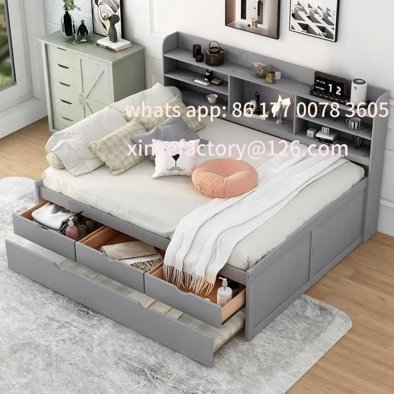 

Customizable Full Size Wooden Captain Bed with Built-in Bookshelves, Storage Drawers, and Trundle in Light Grey Finish
