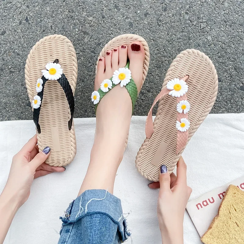 2024 New Summer Women Slippers Outdoor Beach Flip-flops Cute Flower Bow Decoration Casual Flat Slippers Shoes for Women Slides