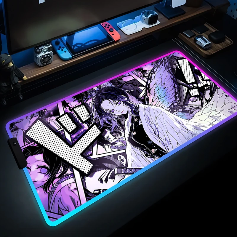 

RGB Mouse Pad PC Gamer Computer Demon Slayer Kochou Shinobu Mousepad Varmilo Purple Keyboard Pad LED Gaming Accessories Desk Mat