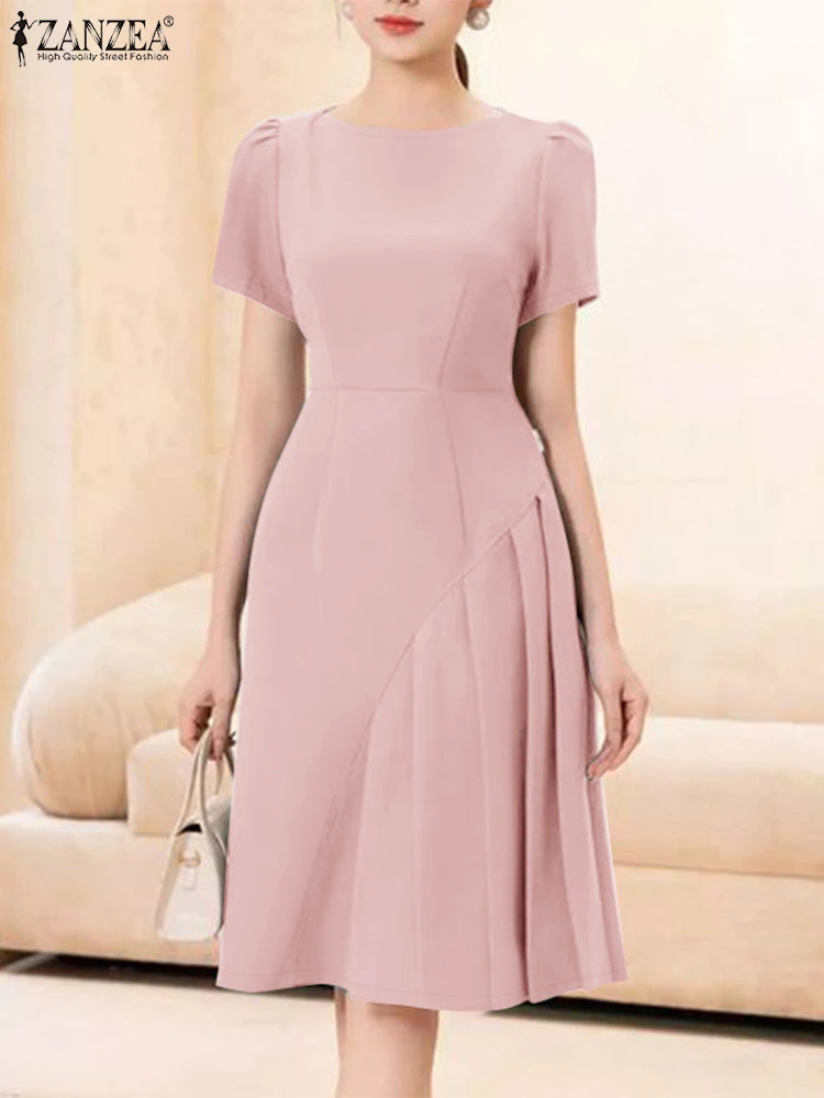 20245ZANZEA Summer Elegant Office Work Dress Women O Neck Short Sleeve Solid Sundress Fashion Casual Knee-length Vestidos Robe