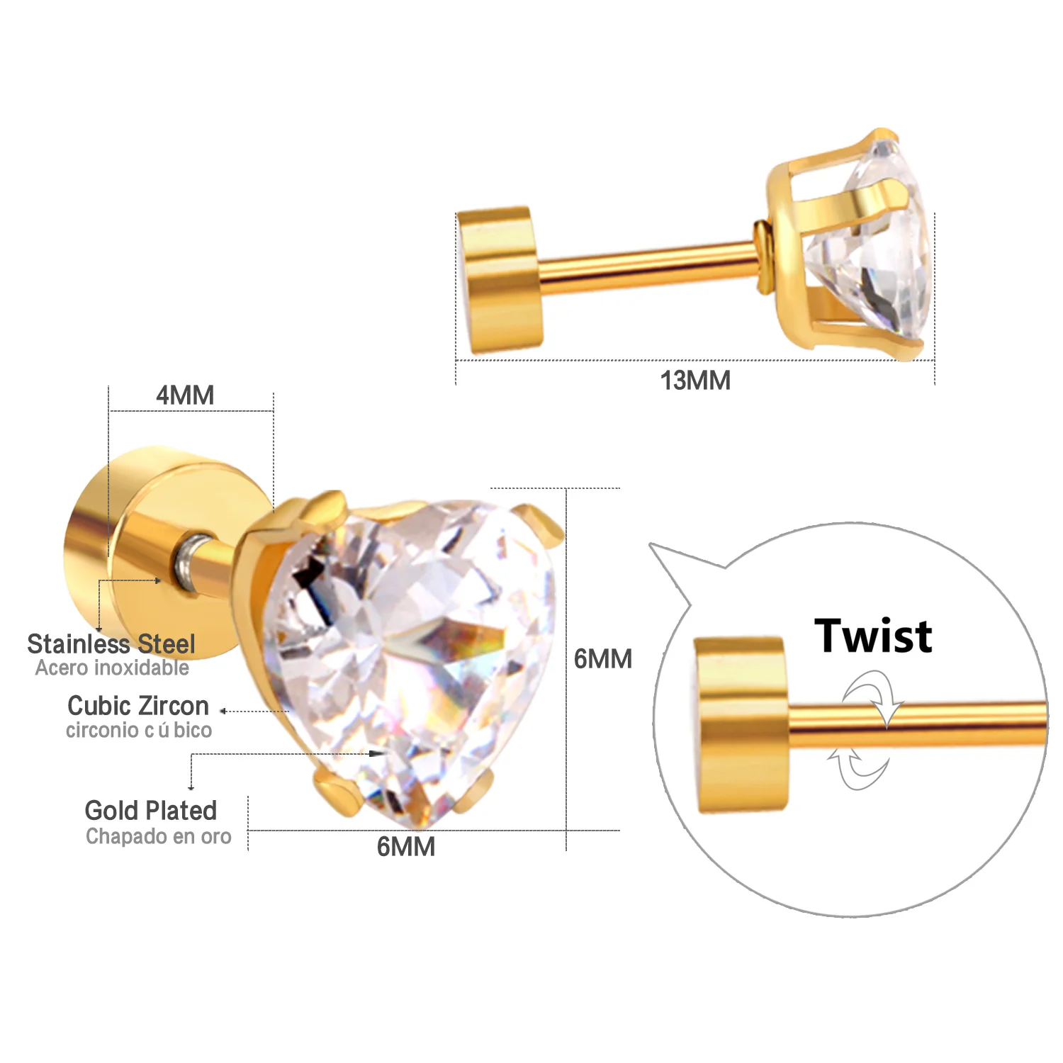 Wholesale 3 Pairs Stainless Steel  Stud Earrings Set Gold Tone Heart Star Shape Clear Zircon Cartilage Piercing Earrings
