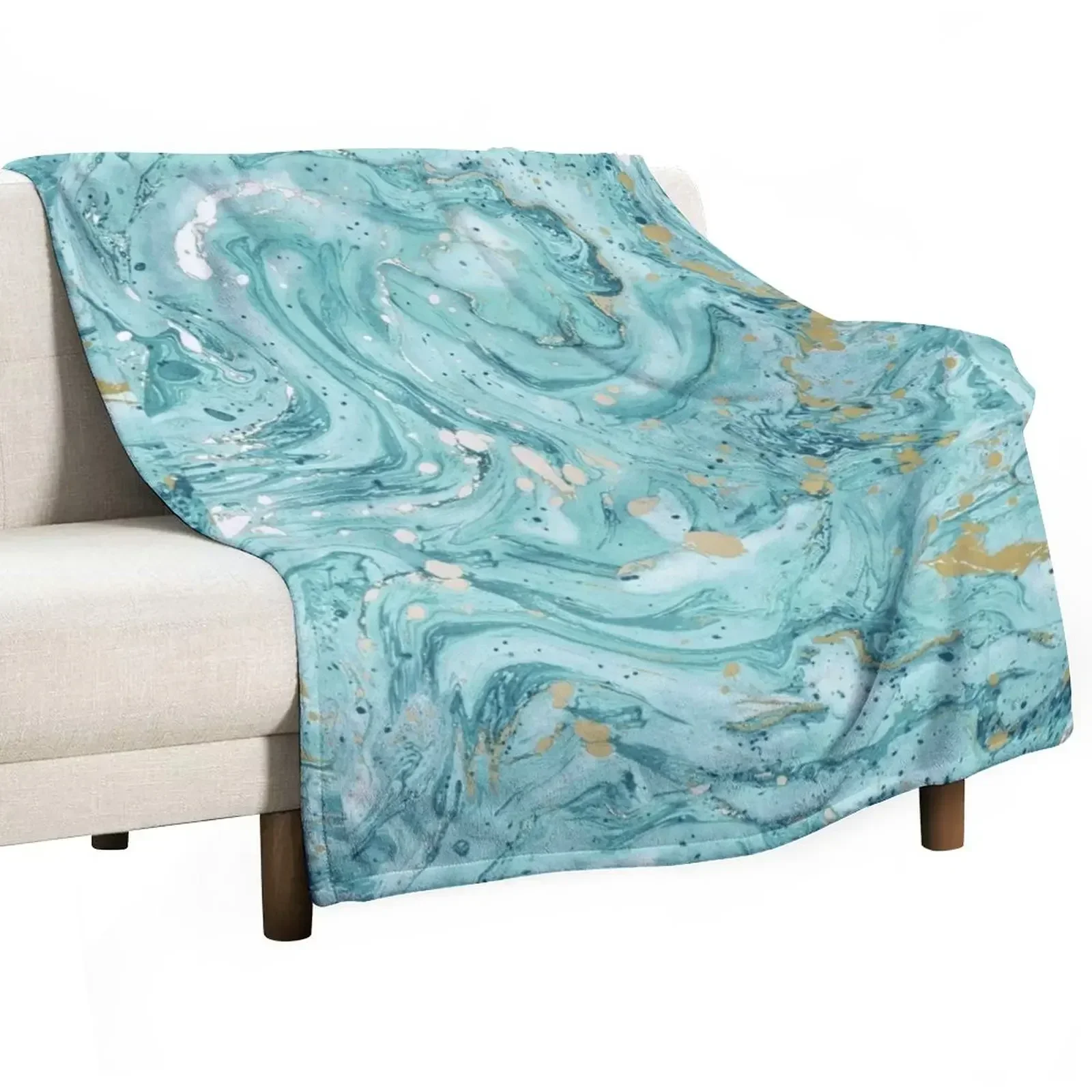 Marble Design - Gold Effect - Turquoise Blue, Teal Marbling Throw Blanket sofa bed Baby Giant Sofa Flannels Blankets