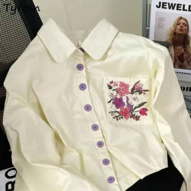 

Embroidery Irregular Short Shirts Women Korean Style Fashion Designer Simple Streetwear Chic Female Spring Students All-match