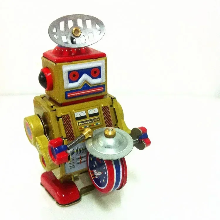 [Funny] Classic collection Retro Clockwork Wind up Metal Walking Tin Band Play gong drum robot recall Mechanical toy kids gift