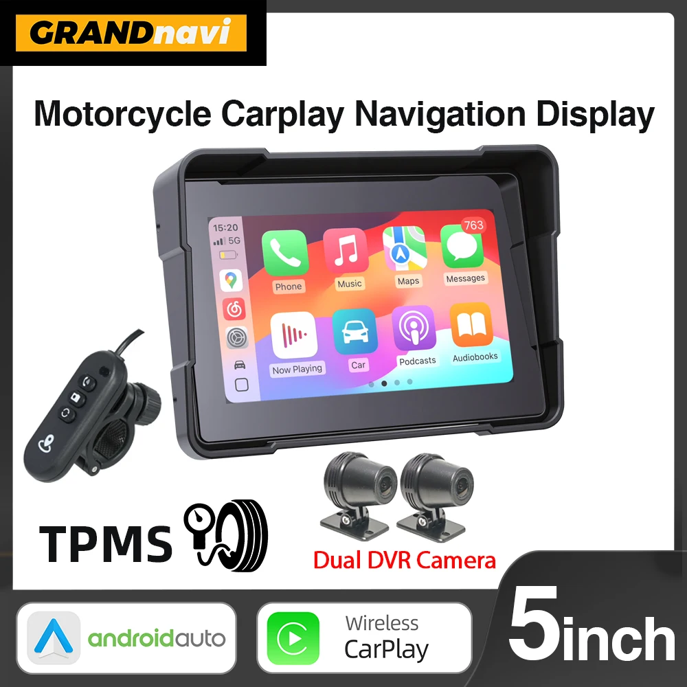 

5-дюймовый мотоциклетный навигатор IP67 водонепроницаемый с беспроводным CarPlay, Android Auto, видеорегистратором, монитором и Wi-Fi