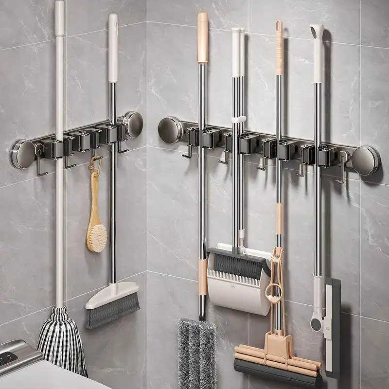 WV Wall-Mounted Suction Cup Mop Rack No-Drill Broom And Mop Organizer for Bathroom Kitchen Cleaning Tools Storage Holder - view 4