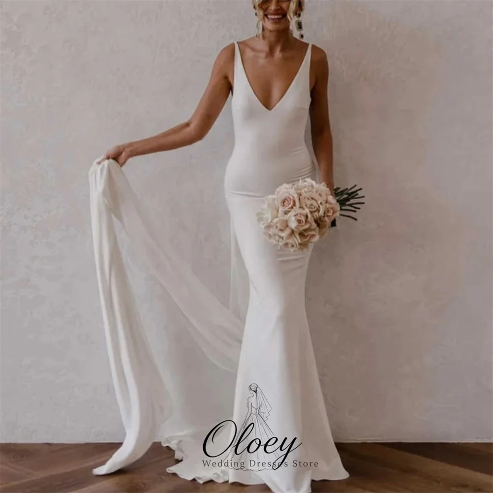 OLOEY Modern Deep V Neck Spaghetti Straps Bridal Gown Detachable Sash Backless Mermaid Wedding Dresses For Woman Customized