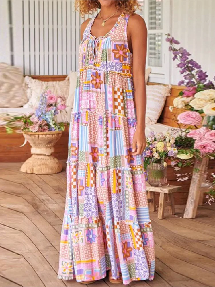 

Flower Print Sleeveless Long Dresses For Women Fashion Casual Beach Holiday Bohemian Style Dress 2024 Ladies Loose Maxi Vestidos