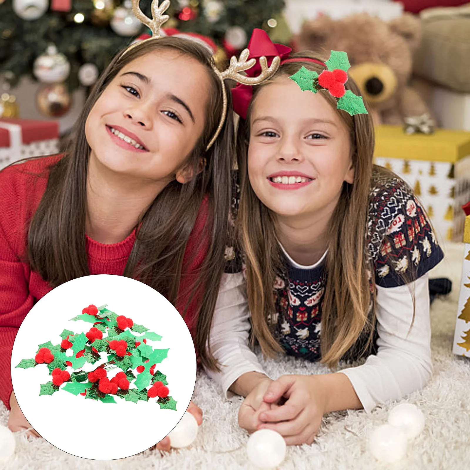 

100Pcs Christmas Holly Leaves Berry Decor Cloth Bright Xmas Tree Wreath DIY Crafting Wreath Material Supplies Green Leaves