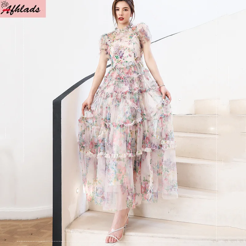 

Mesh Printed Ruffles Patchwork Chiffon Floral Dress Puff Short Sleeve Stand Collar High Waist Beach Holiday Women's Clothing