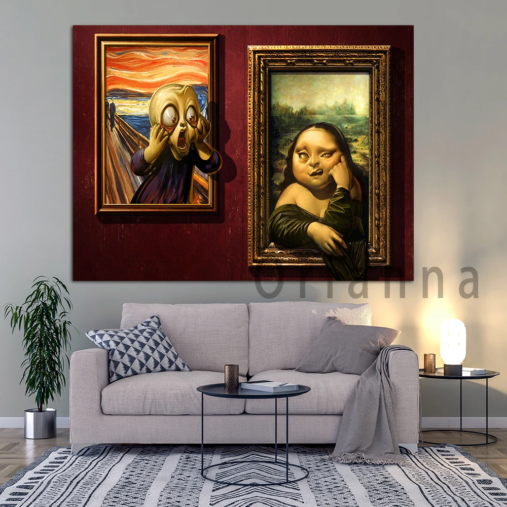 Humor Art, The Scream And Mona Lisa Canvas, Mona Lisa Prints, The Scream Poster, Vintage Poster, Famous Painting Decor Wall Art