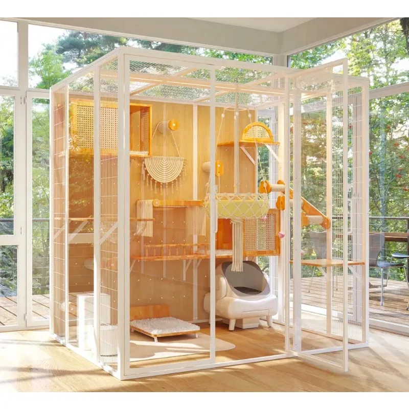 

Luxury Customizable Carbon Steel Frame With Rubber Wood Board Tempered Glass Pet Household Cabinet Large Space Cat House Villa