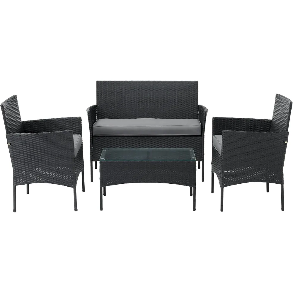 

4-Piece Patio Furniture Set - Rattan Outdoor Couch, 2 Patio Chairs, and Table Combo - Cushioned Deck, Pool, or Porch Furniture