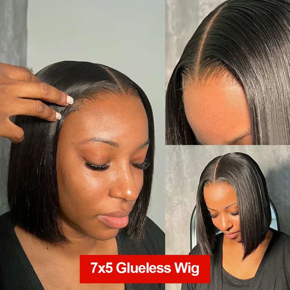 شعر مستعار قصير مستقيم ، شعر مستعار بدون لاصق ، شعر بشري منتوف مسبقًا ، إغلاق دانتيل ، جاهز للارتداء ، شعر مستعار بدانتيل أمامي 13 × 4 ، شعر بشري ، 7x5