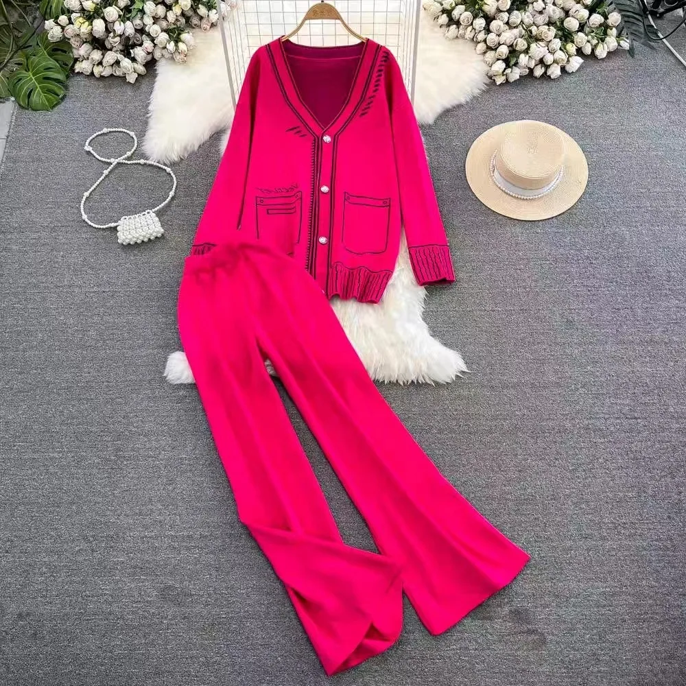 

Women Chic Retro Two Sets lool sleeve v neck basics knit sweet High Waitst Wide leg pants Fashion Summer Sets