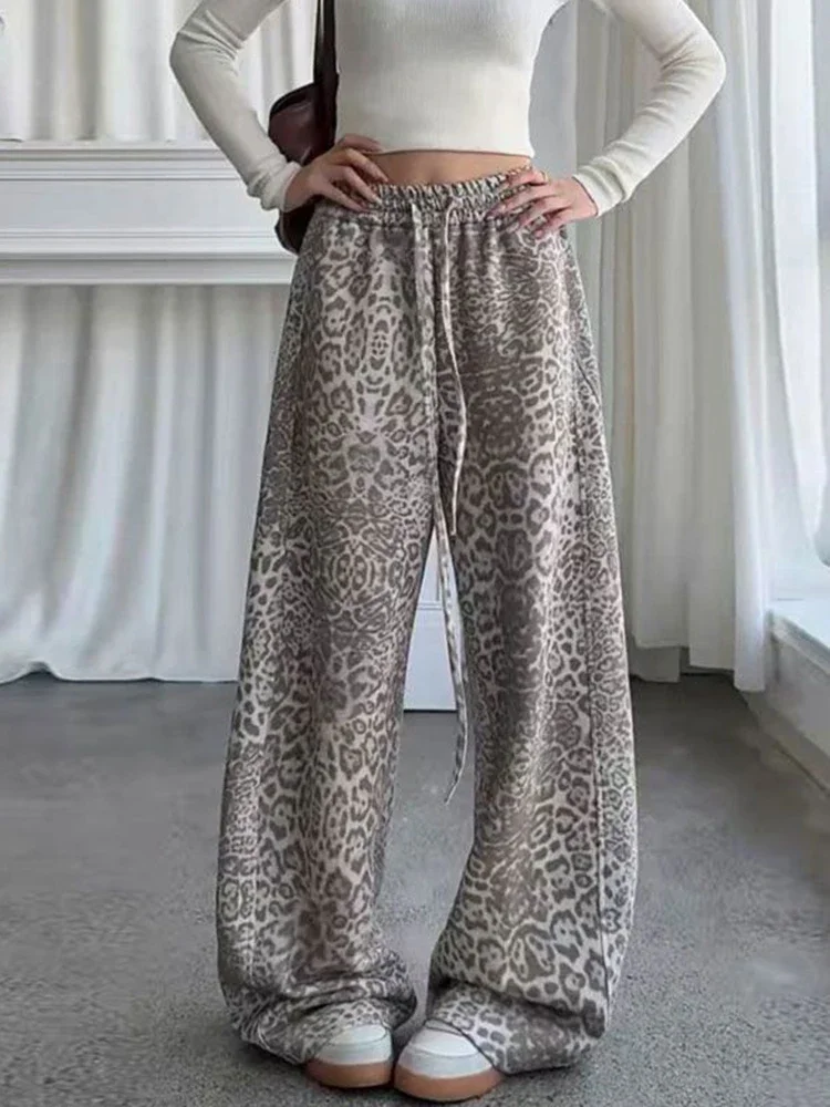 Zoki Y2K الأمريكية ليوبارد بانت المرأة الهيب هوب عالية الخصر الشارع الشهير الرجعية بنطلون Harajuku خريف شتاء عادية Bf الدانتيل يصل السراويل #5