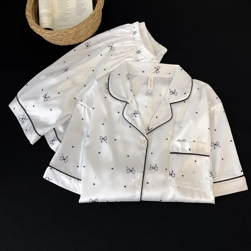 High Quality Simple Loose Women's Pajamas Set Polka Dot Bow Print Homewear Short Sleeved Turn-Down Collar 2 Piece Pajamas Set
