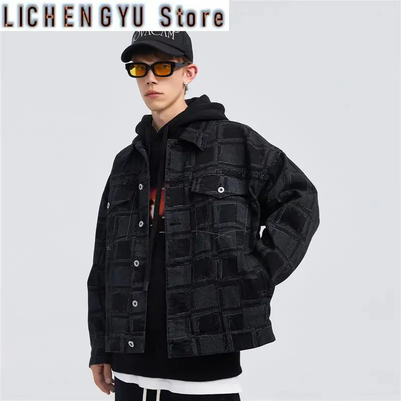 

Джинсовая мужская куртка в шахматном порядке, весенне-осеннее стильное корейское повседневное пальто в стиле ретро, облегающий и стильный топ с лацканами