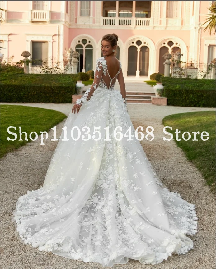 Abiti da sposa da sposa con applicazioni floreali di lusso Abiti da sposa messicani a maniche lunghe in tulle di pizzo bianco elegante personalizzati