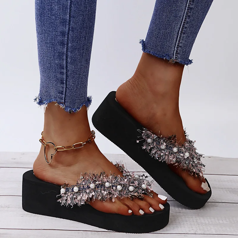 Tassel Pearl Flip Flops Women Sequin Wedges EVA Platform Sandals Summer Light Heighten Beach Slippers Fashion Large Size Slides