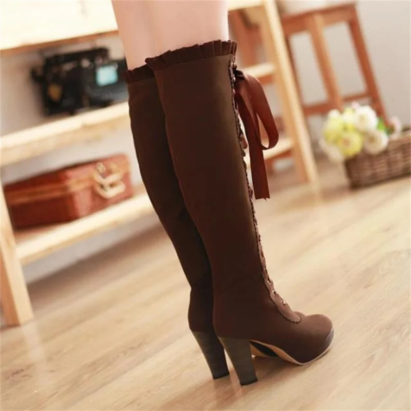 9.5cm Autumn Winter Women Noble Vintage Lace High Heel Gothic Steampunk Retro Style Cosplay Knight Boots 34 43