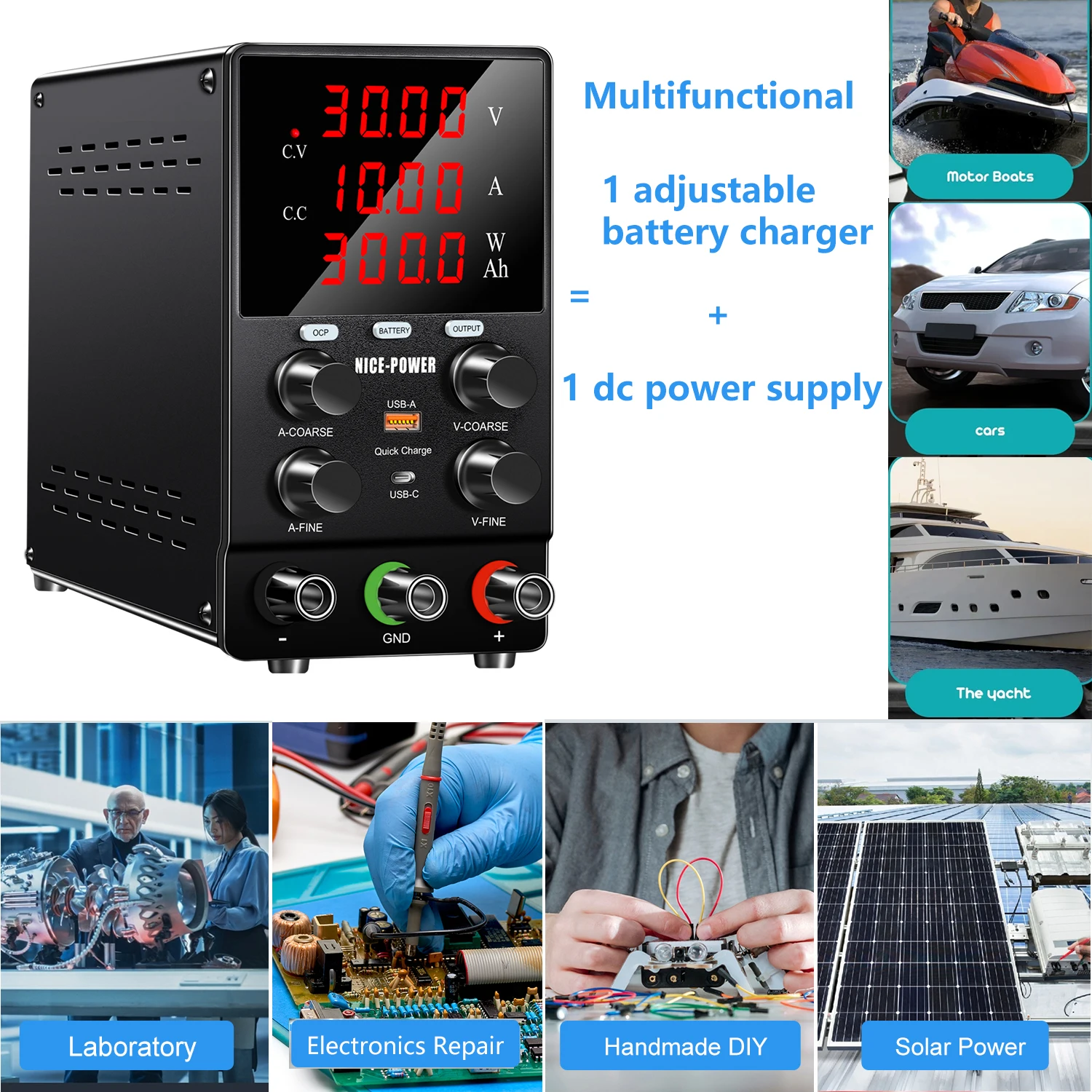 30V10A Adjustable DC Power Supply 24V 48V 72V LifePo4 Lead Acid Lithium Agm Battery Charger For Car Motocycle Auto Moto 60V 120V