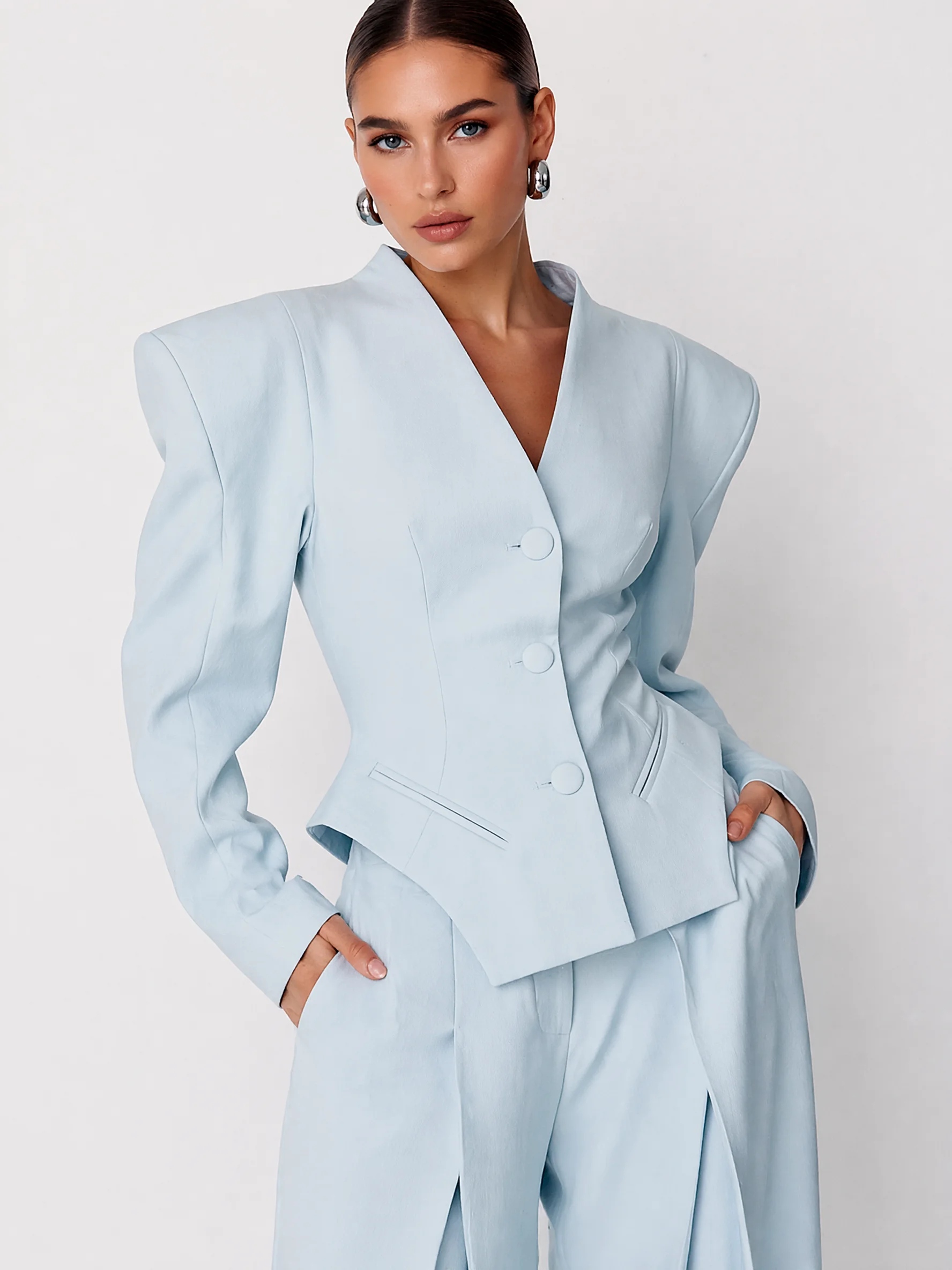 2026 Autumn Winter Women Blazer Exaggerated Padded Shoulder Deep V Neck Asymmetrical Button Slim Fit Jacket
