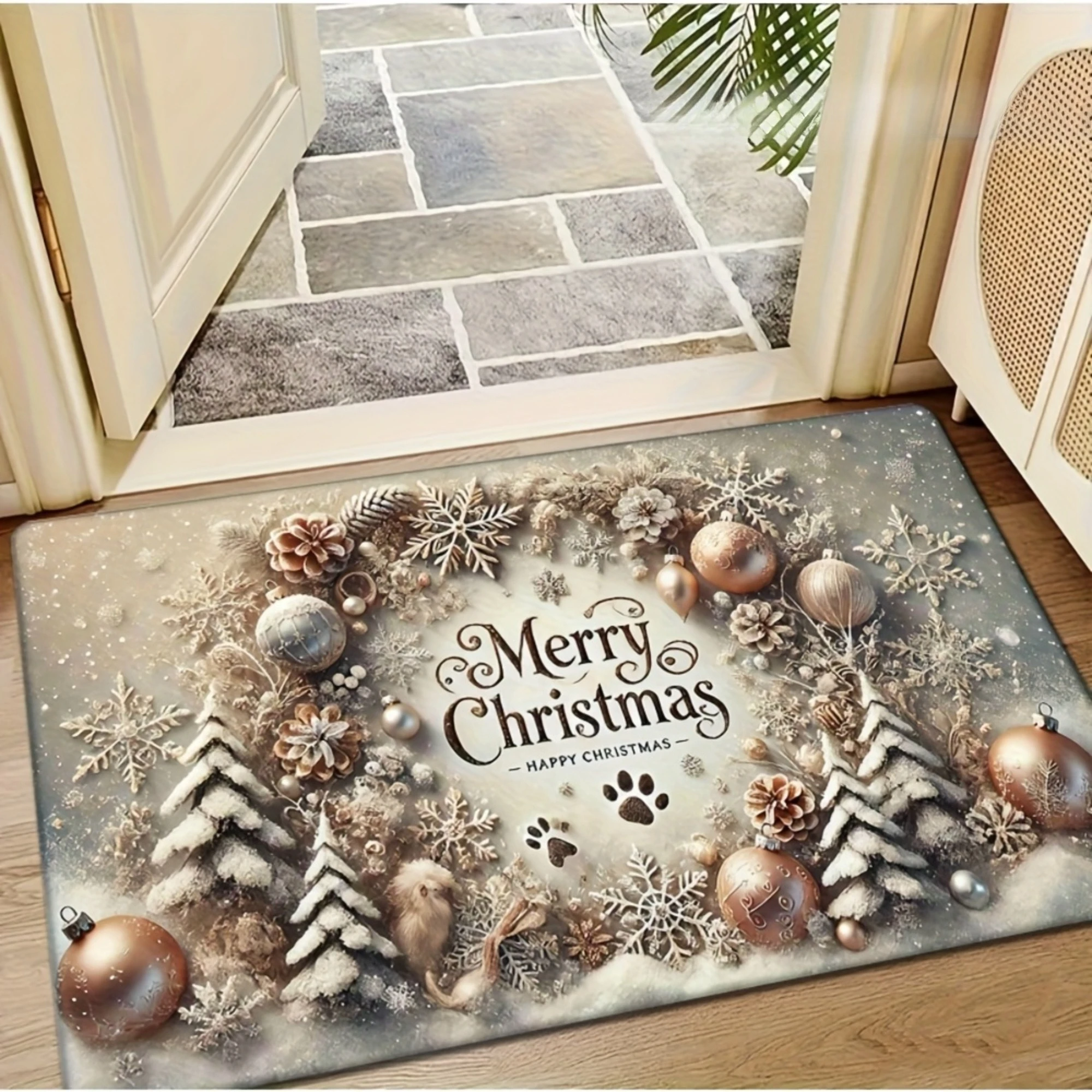 Winter Christmas Floor Rug Merry Christmas Snow‑Dusted Pine Tree Bauble Paw Print Neutral Festive Wreath Decor Area Rug