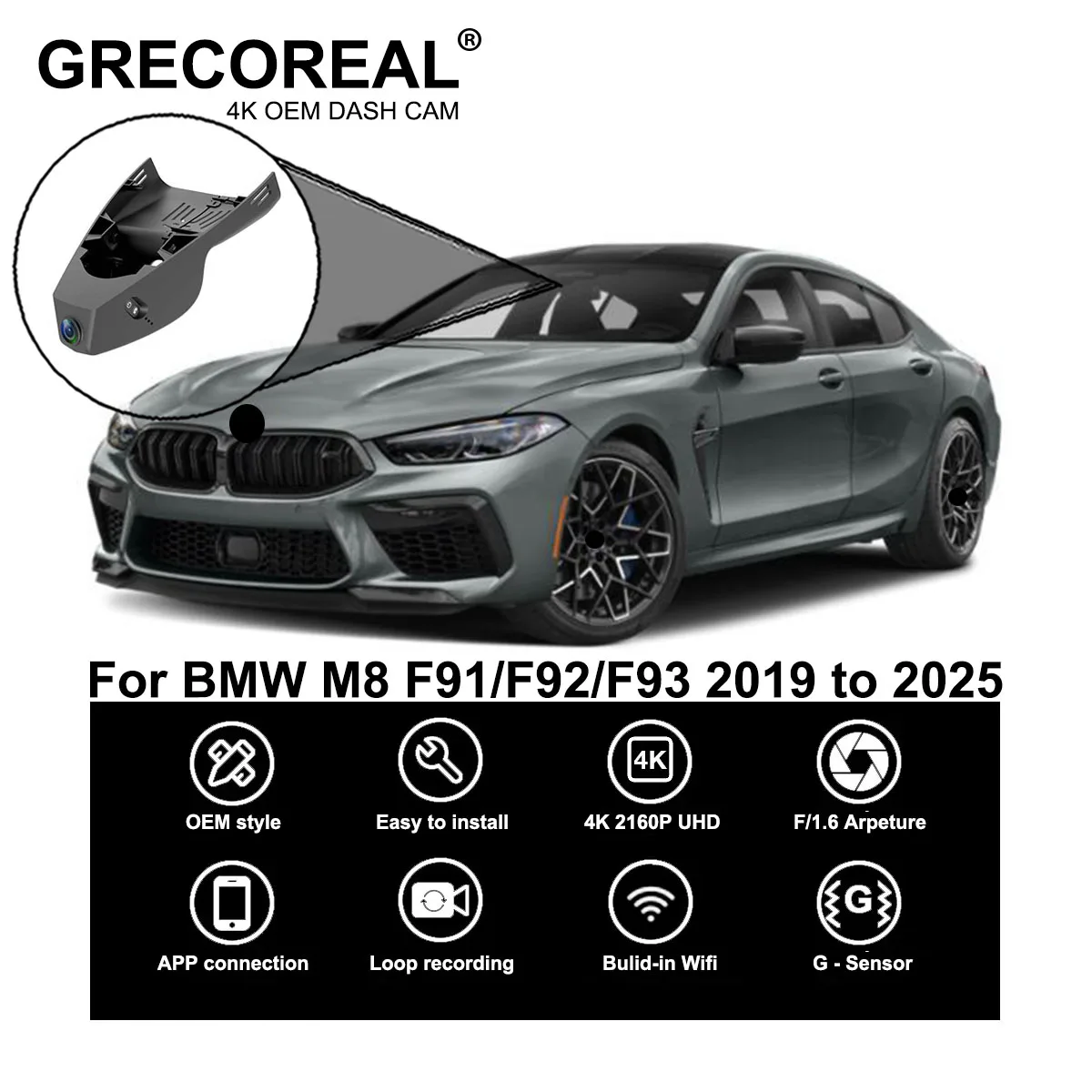 

GRECOREAL 4K Dash Cam Front and Rear WiFi Car Dual Dashcam APP Control Easy Install Plug Play Compatible with BMW M8 F91 F92 F93