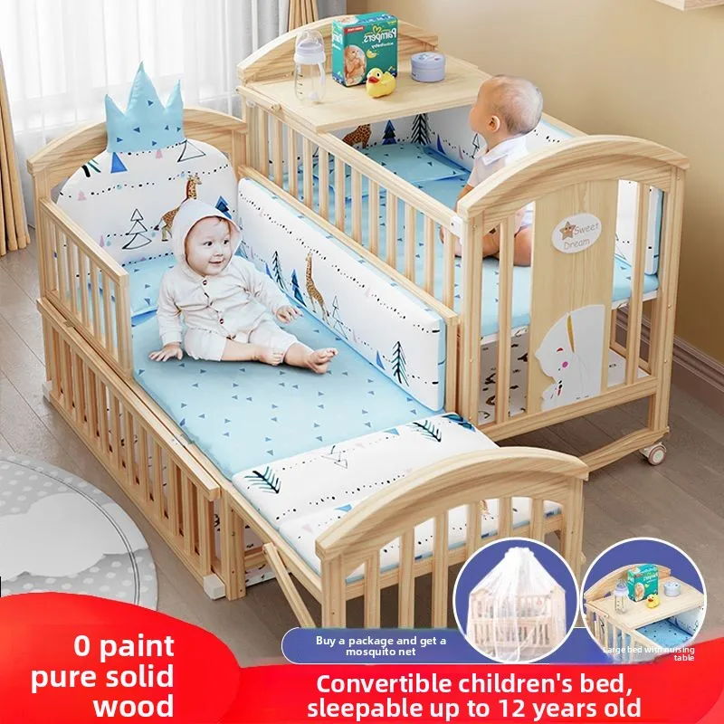 Ruibao Solid Wood Crib Unpainted Newborn Baby Cradle Multi-Functional Movable Widened Children's Splicing Bed Infant Sleeping