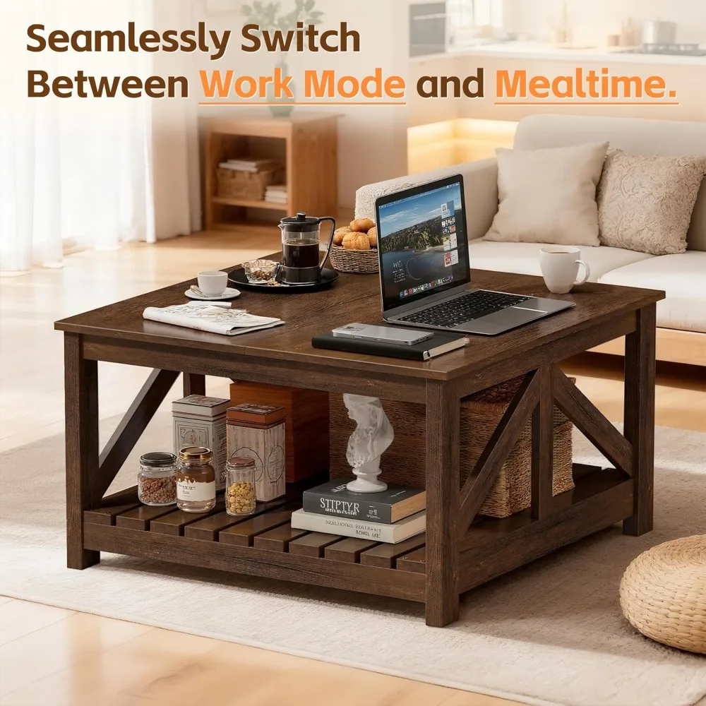 Modern Farmhouse Style Dual Compartment Coffee Table, Wood Cocktail Table for Living Room and Office Lounge