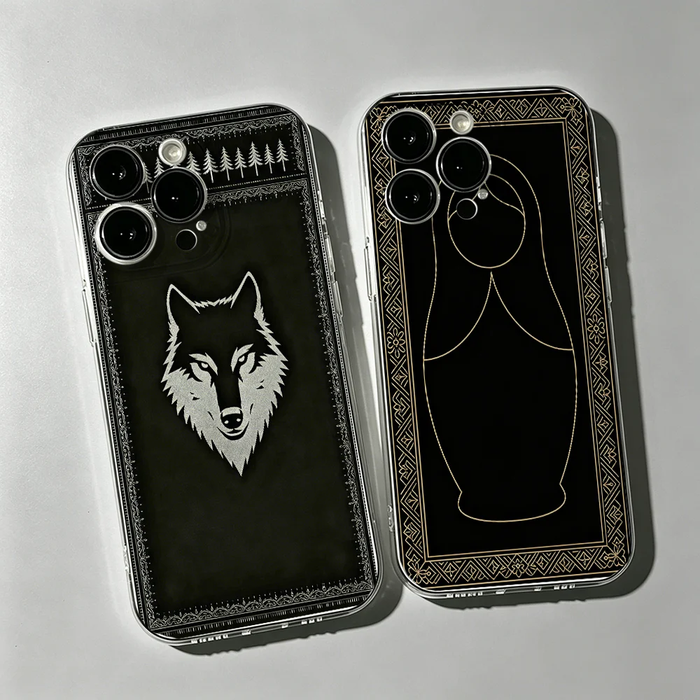 

Luxury Totem Nordic Wolf Matryoshka Clear Phone Case for iPhone 17 Pro Max 11-16 X XR 7 8 Plus Shockproof Slim Protective Cover