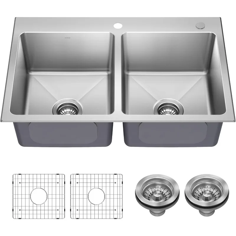 KRAUS Fairlane 33-inch Drop In/Top Mount Double Bowl 18-Gauge Stainless Steel Kitchen Sink, KHT632-33