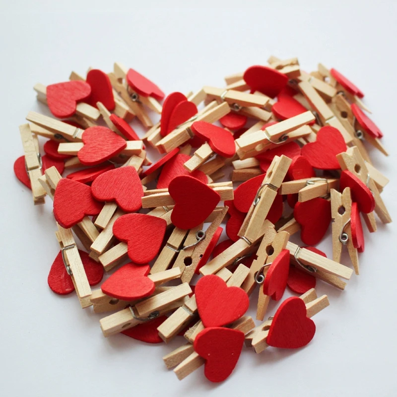 50 Uds. De madera con forma de corazón rojo, amor, ropa de madera, clavija de papel para fotos, Mini pinza para postales, Clips para el hogar, boda, decoración del Día de San Valentín