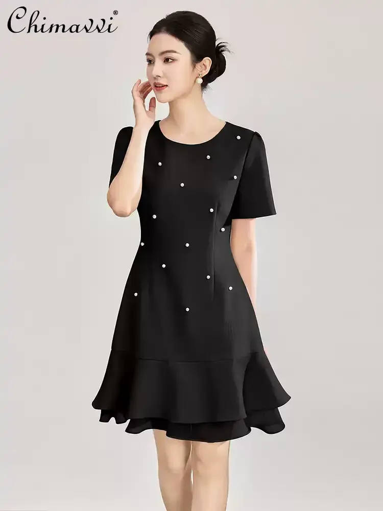 

French Elegant Temperament Commuter Summer Dresses Pearl Bead Crew Neck Short Sleeve High Waist Ruffled Black Dress for Women