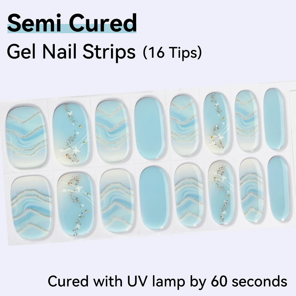 16strips Cartoon UV/LED Semi Cured Gel Nail Strips Pink Glitter Cat Eye Self-Adhesive Gel Nail Wraps Full Cover UV Nail Sticker