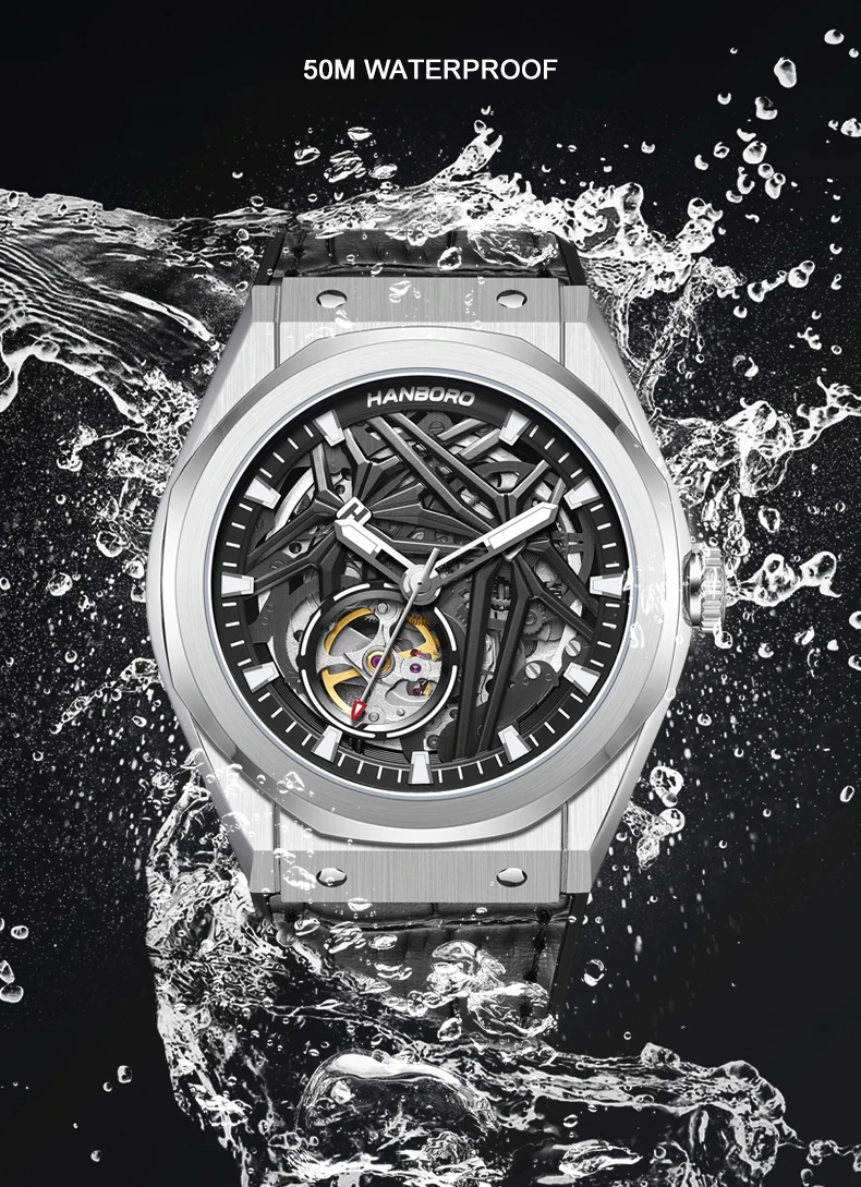 HANBORO ผู้ชายนาฬิกาอัตโนมัติ 42 มม.นาฬิกาข้อมือ 5Bar Luminous Hollow Out Dial Miyota 82S0