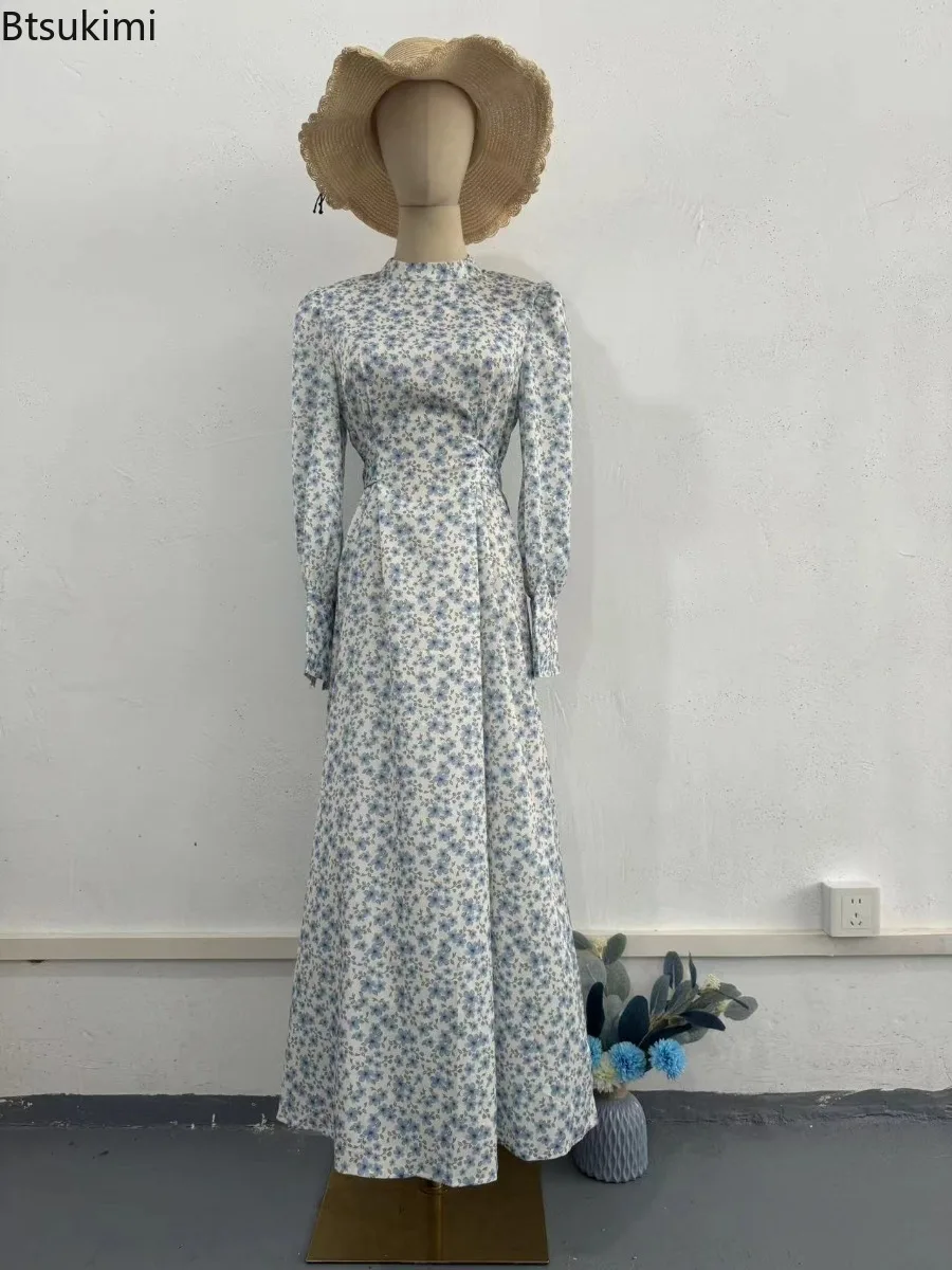 春のファッション スリム 花柄プリント マキシ丈ワンピース レディース エレガント レースアップ モックカラー 長袖 サテンワンピース パーティー ローブ ドレス