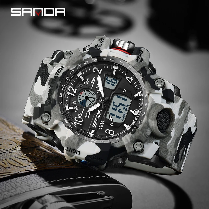 SANDA 3358 Outdoor Electron Male Wristwatch Display Quartz Men Clock Sports Military Mens Watch Camouflage LED Digital Watch