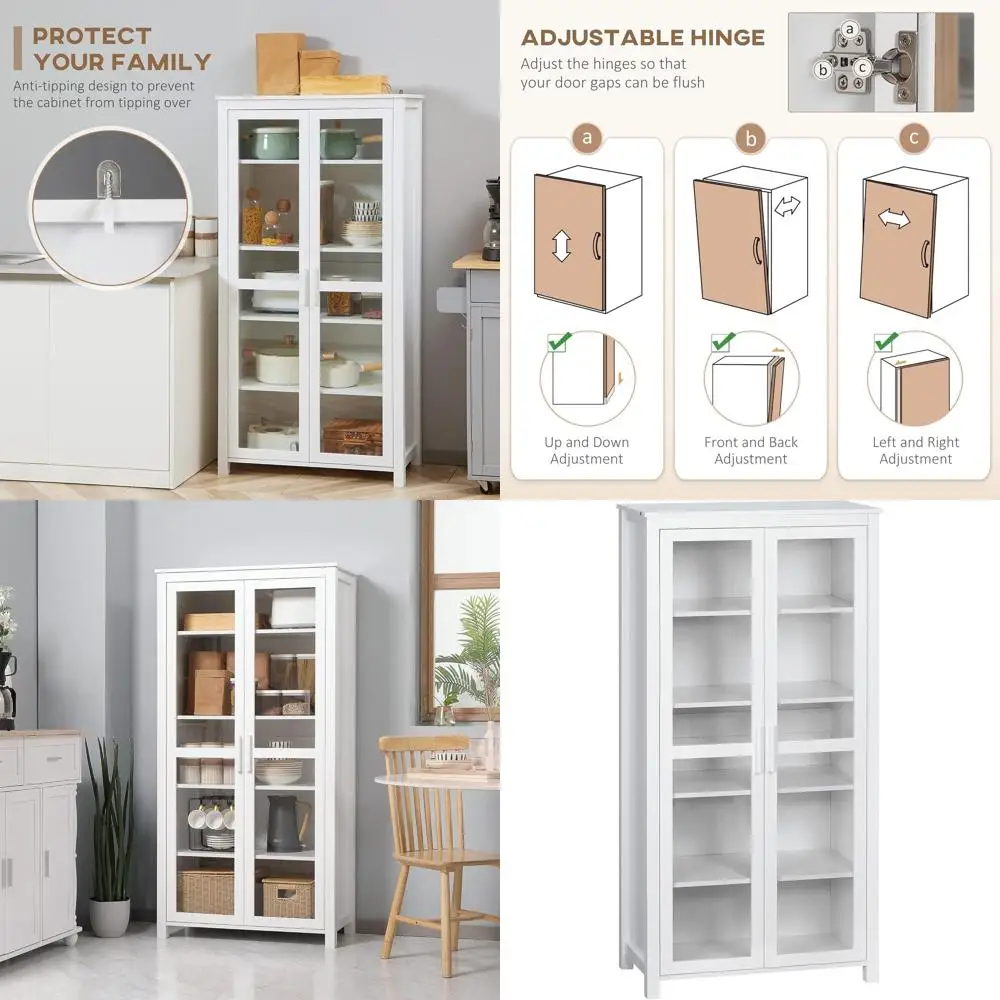 

63-дюймовый отдельно стоящий кухонный шкаф-панильер со стеклянными дверцами и регулируемыми полками, белый, для хранения в столовой