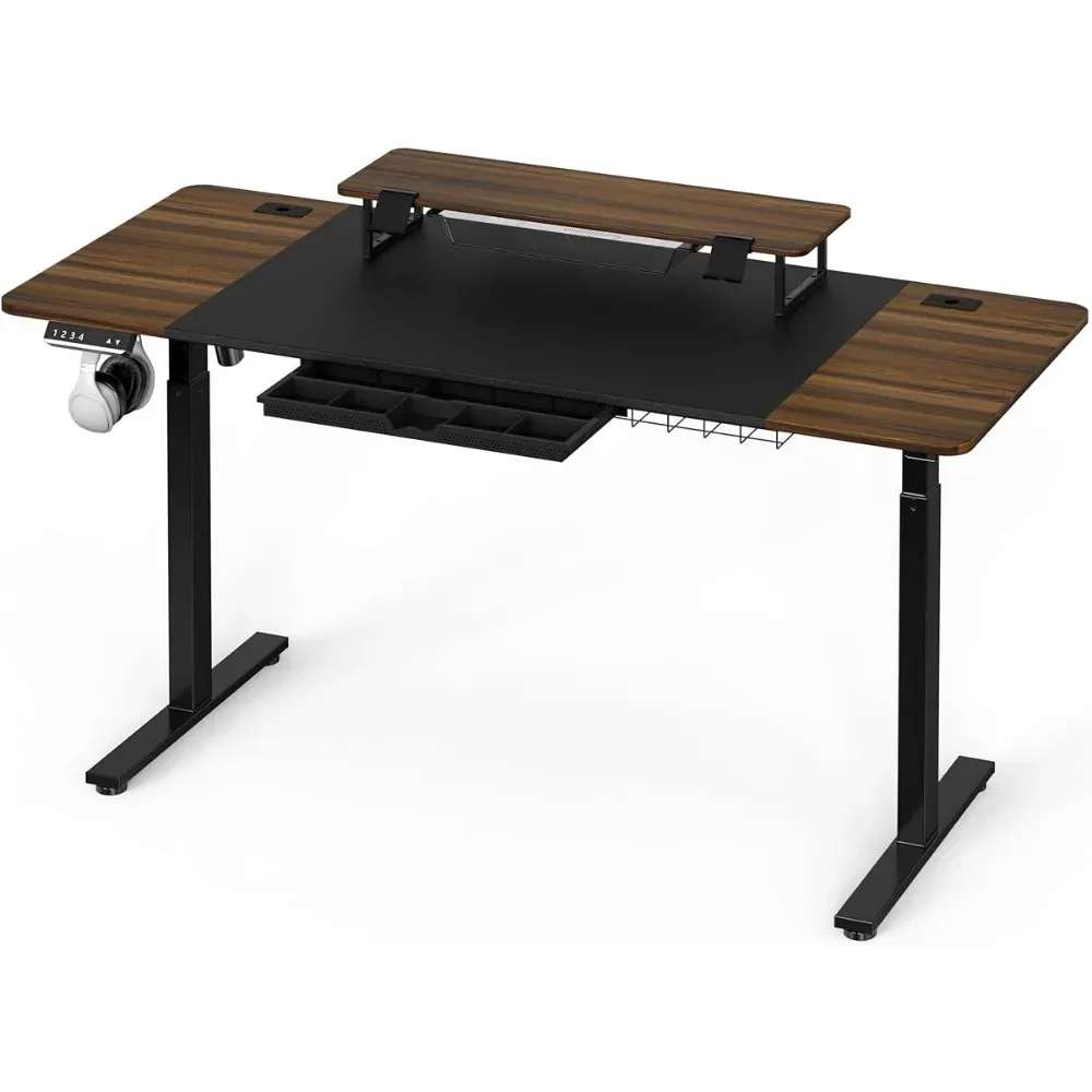 

62-Inch Extra Large Electric Height Adjustable Standing Desk with Monitor Riser and Drawer, 62 x 28 Inches, Walnut