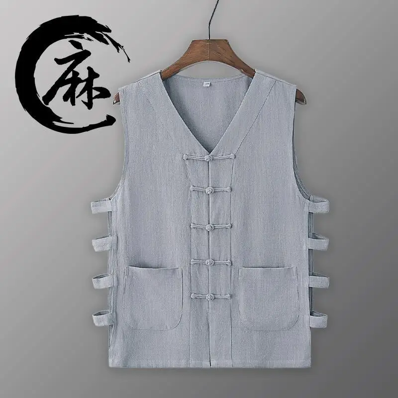 Chaleco de traje Tang sin mangas de lino y algodón para hombre, ropa tradicional china, camisa Vintage, chaqueta