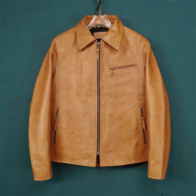 

Free shipping.classic rider brown cowhide Jacket,men genuine Leather coat.short vintage style leather cloth.cheap outwear.