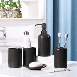 Ceramic Bathroom Accessories Set, Matte Black Liquid Soap Dispenser Toothbrush Holder Tumbler For Home Decor, Complete 5pcs Kit