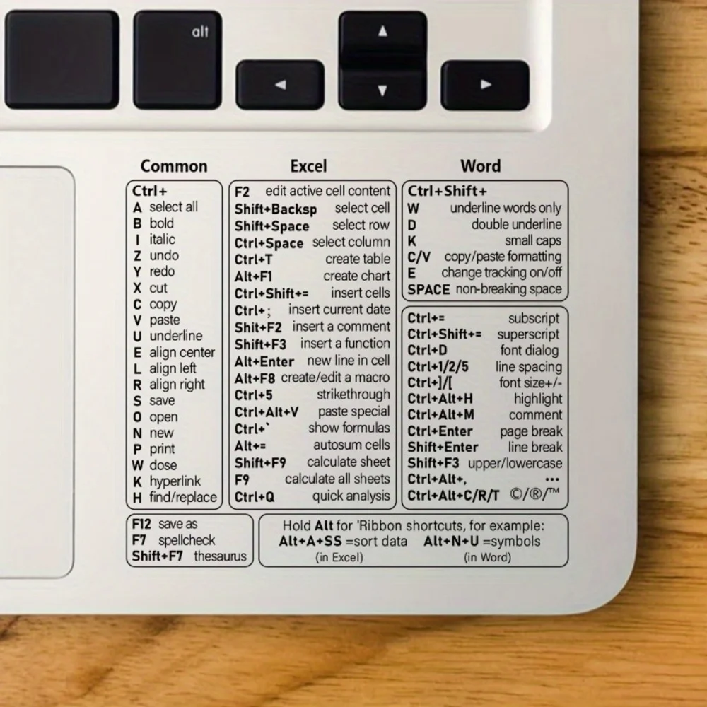 1 pc Vinyl Self-adhesive Keyboard Shortcut Stickers Quick Reference for Windows, Excel and Word, Office Software