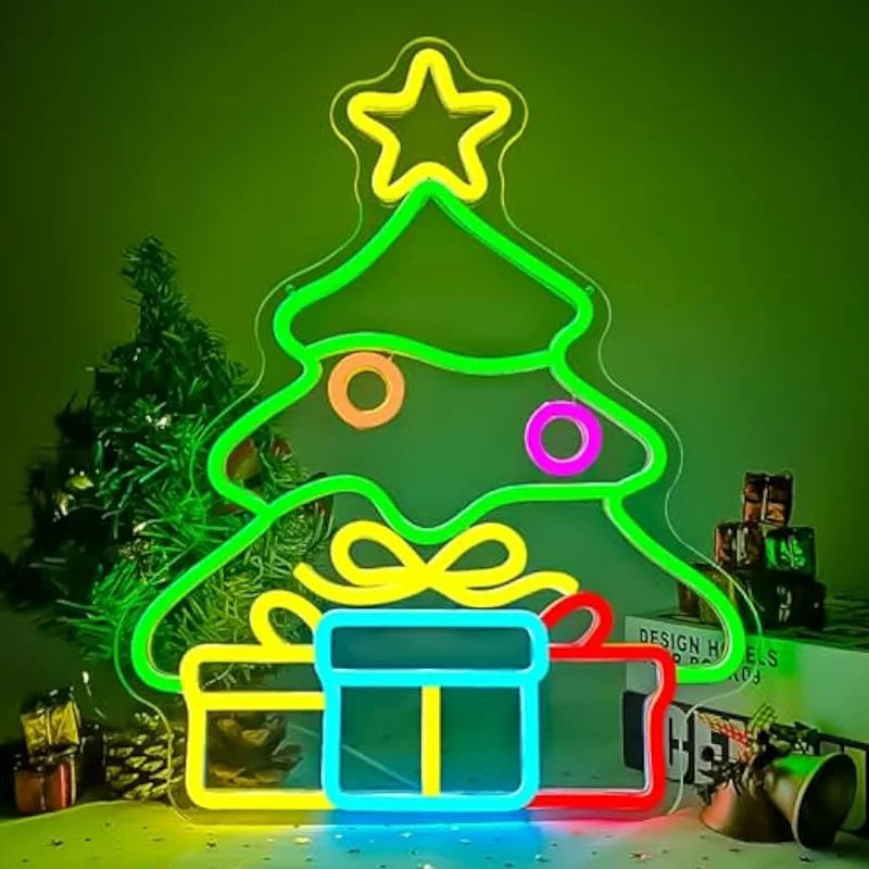 Kerst Neon Sign Boom Geschenkdoos Licht Decoraties Dimbaar LED Light Up Sign voor Wall Decor Party Kids Gift Winter Home