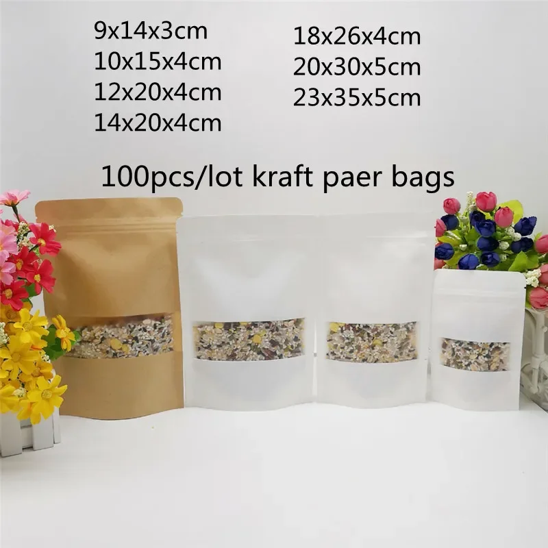 100pcs Window Standing White/Kraft Paper Bag Handmade Gift Bag Paper Craft Box Kraft Packaging Bags For Business Clothes Storage