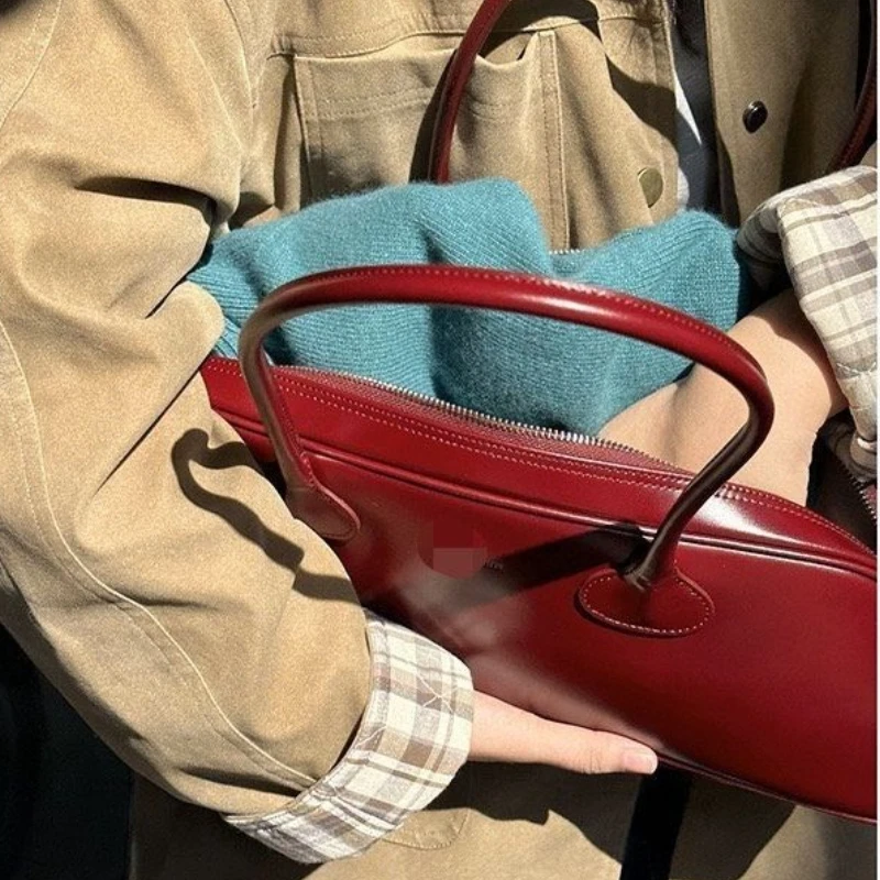 Women Fashion Chic Y2k Wine Red Handbag All Match Vintage Aesthetic Underarm Bags 2024 Summer Design Shoulder Bag Long Handle