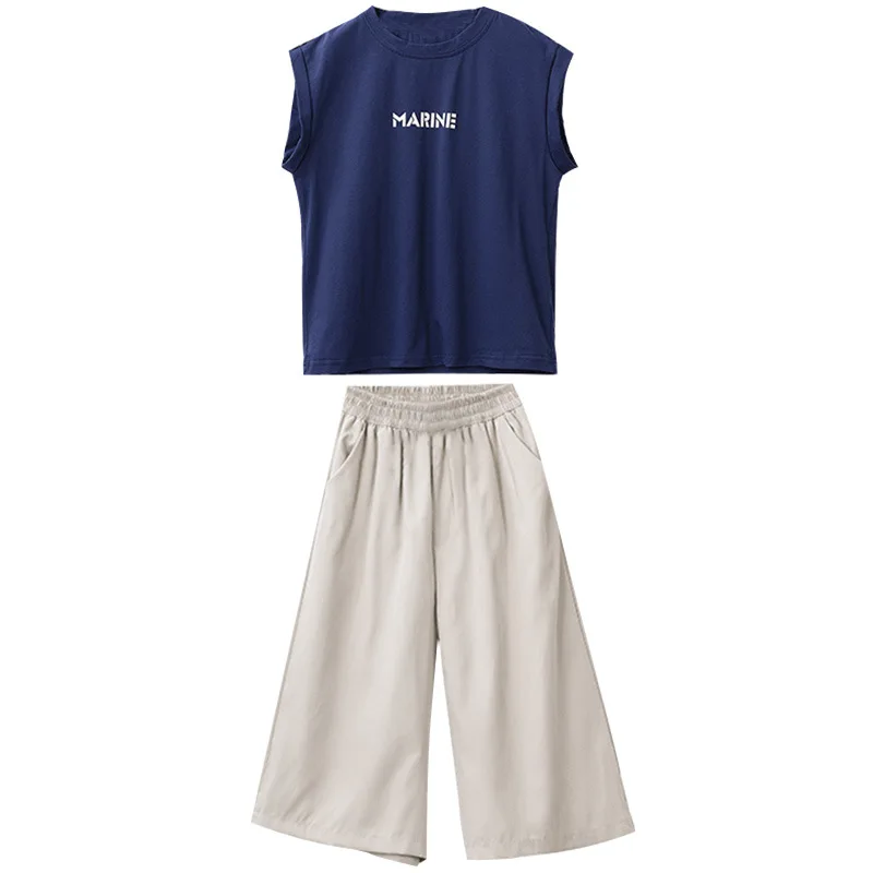 

2026 New Summer Girls Fashion Outfit Korean Style Wide Leg Pants Casual Trendy Two Piece Set for Big Kids
